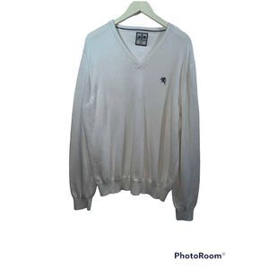 Express Men's L White V-Neck Long Sleeve Pullover Cotton Sweater Lion Logo